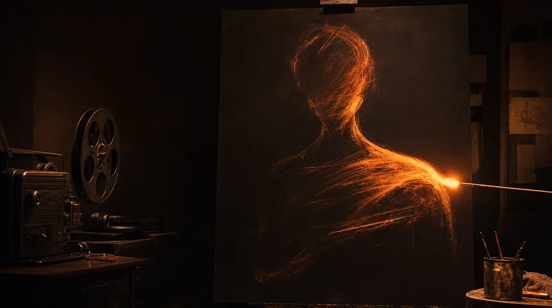 An unfinished portrait painted in strokes of ember light, in a dark projection room